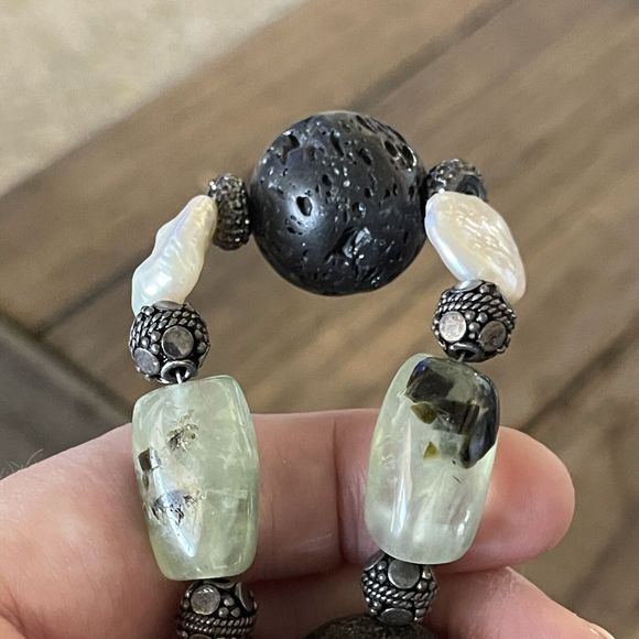 Natural Baroque Coin Pearl Moss Agate Lava Bead Necklace Sterling Silver Heart - Picture 5 of 8